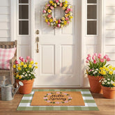NIIKOOS spring door mat layered coir with green plaid rug welcomes guests.
