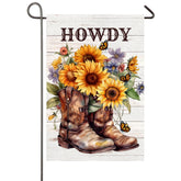 NISEVAN Howdy garden flag with cowboy boots and sunflowers greeting outdoor guests.