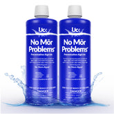 No Mor Problems bottle pouring into pool to prevent algae and bacteria.