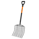 Nohovu pitchfork with 10 tines designed for efficient debris turning in the garden.
