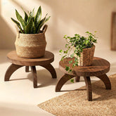 Novabright two-pack wood pedestal round stand elevating potted plants.