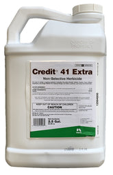 Nufarm Credit 41 Extra herbicide bottle shows 41% glyphosate with surfactant for broad weed control.