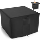 NUPICK 30-inch square fire pit cover on patio protects a propane pit from rain.