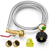 NUPICK propane refill adapter connected between 20 lb and 1 lb tanks for quick fueling.