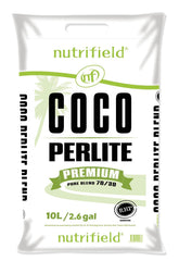 Nutrifield coco coir-perlite mix bag closeup shows moisture-retention texture.