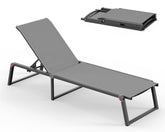 Oasbira aluminum chaise lounge folded flat for compact storage and easy transport.