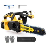 ODOGYM brushless cordless 12-inch chainsaw in use for fast wood cutting.