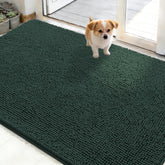 OLANLY dog door mat shows muddy paw print; absorbs moisture to keep floors clean.