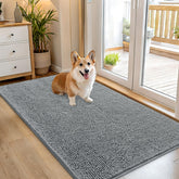 OLANLY dog door mat with muddy paws, absorbing moisture to keep entry clean.