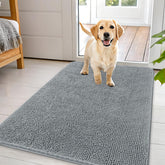 OLANLY dog door mat showing muddy paws at doorway; absorbs moisture to keep floors clean.