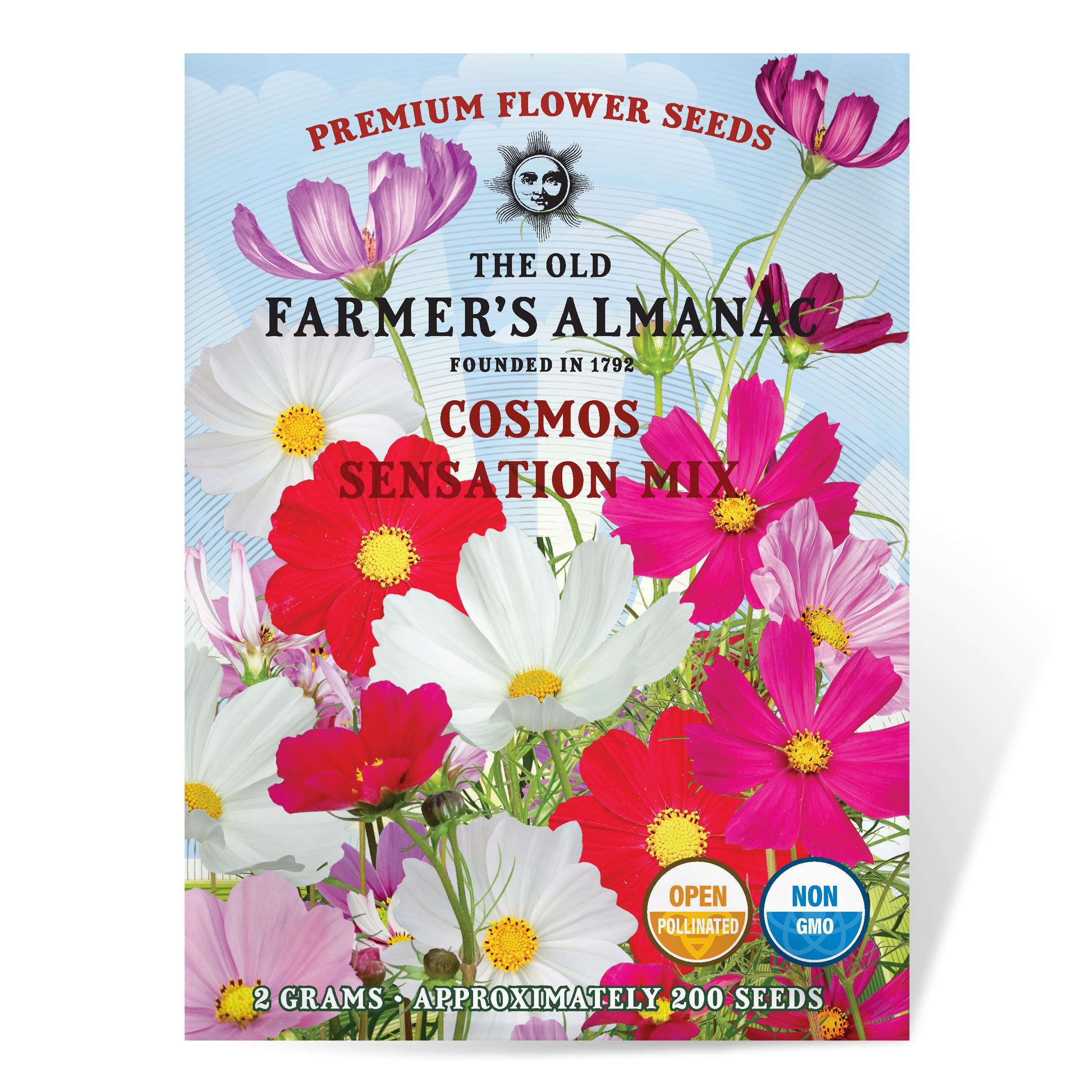 The Old Farmer's Almanac Cosmos Sensation Mix seeds packet for easy, reliable planting.