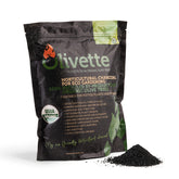Olivette biochar activated charcoal bag improves indoor plant soil moisture retention.