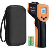 OnniFlame Blackstone infrared thermometer gun over grill with clear reading