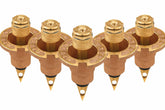Orbit 54071 brass pop-up head front view for lawn coverage and easy maintenance.