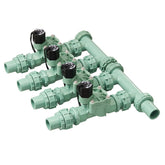 Orbit 57257 four-valve manifold enabling precise zone watering.