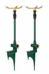 Orbit 58288 two-pack base assembly showing stable ground setup for versatile watering