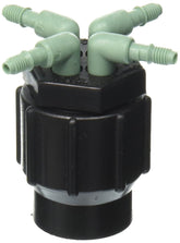Orbit 69025 drip manifold 4-port closeup showing compact water distribution for garden beds