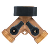 Orbit Brass Dual-Outlet Adapter installed on a faucet enabling two hoses with flow control.