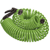 Orbit coil hose 50 ft coiled for compact storage, easy to stow after use.