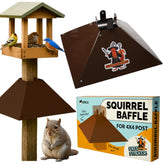 Orca Squirrel Baffle on a 4x4 post deters squirrels from bird feeders.