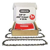 Oregon 3-pack chainsaw chain close-up shows 38lp 050ga 52 links for precise replacement