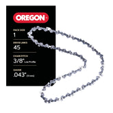 Oregon chainsaw chain closeup showing 3/8 LP pitch and 0.043 gauge for precise cuts