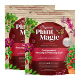 Organic Plant Magic compressed potting soil bag ready for quick planting and expansion.