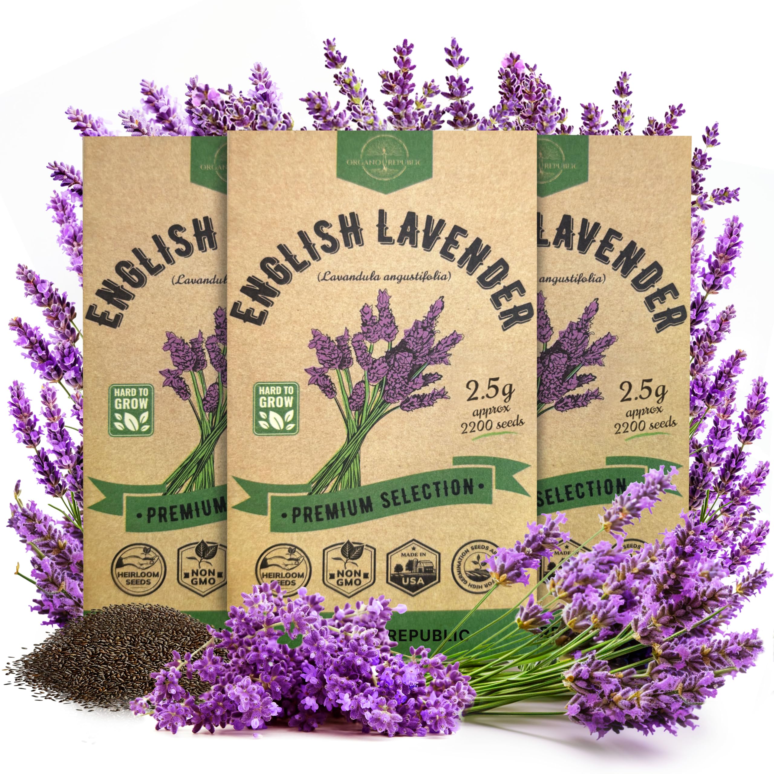 Organo Republic English Lavender seeds 3-pack in sealed packets for reliable planting.