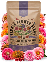 Organo Republic zinnia seeds pack image showing 1 oz of vibrant seeds for color-filled beds.