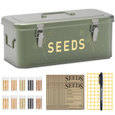 Orionstar metal seed storage organizer kit with 30 bottles, neatly arranged for organized seeds.