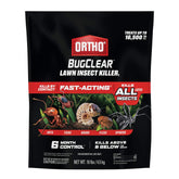 Ortho BugClear Lawn Insect Killer bag ready for outdoor use on a sunny lawn.