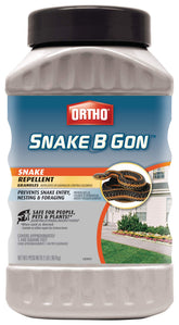 Ortho Snake B Gon granules tub packaging for easy outdoor snake deterrence.