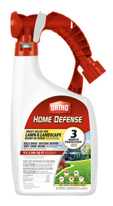 Ortho Home Defense bottle attached to a hose-end sprayer for outdoor pest control.