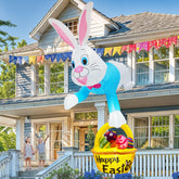 OurWarm 8ft Easter bunny with eggs and basket enhances curb appeal for outdoor celebrations.