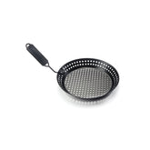 Outset grill skillet with removable handle for easy transfer from grill to table.