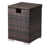 Outvita gas tank storage box in brown wicker hides the propane tank neatly for outdoor spaces.