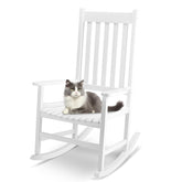 Outvita outdoor rocking chair back view shows sturdy wood construction, supporting up to 385 pounds for durable seating.
