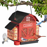 OVIBIRD red barn bird feeder with six ports for 360-degree feeding to attract birds.