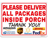 Ovyxely delivery sign inside porch for high visibility with bold colors