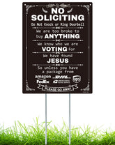 Ovyxely No Soliciting Sign with stake at the front door for privacy.