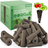 PACETAP 50-pack grow sponges shown with AeroGarden-compatible pods for indoor hydroponics.