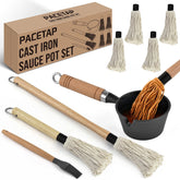 PACETAP BBQ Mop Brush Set with Cast Iron Sauce Pot for even saucing on meats