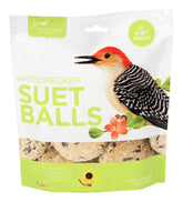 Pacific Bird Woodpecker Suet Balls 12-pack packaging showing mess-free, no-melt design.