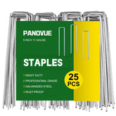 Panovue 6inch galvanized staples being hammered into soil for secure ground anchoring