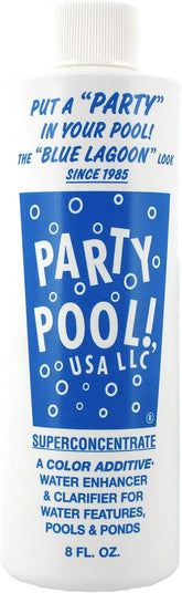 Party Pool Blue Lagoon color bottle colors pool water with a bright blue hue.