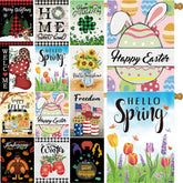 Pating seasonal garden flags 12-pack, front view, enhances curb appeal for all seasons.