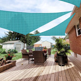 Patio Paradise turquoise triangle shade sail in 16x16 safely shading outdoor space