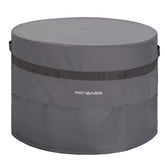 PATIOASIS grey round fire pit cover on patio protects from rain and dust