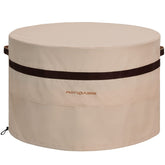 PATIOASIS round fire pit cover on a 36-inch pit, protecting from rain and dust