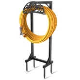 Pattiumo garden hose holder stand demonstrating freestanding setup, keeps hoses off dirt for easy watering.